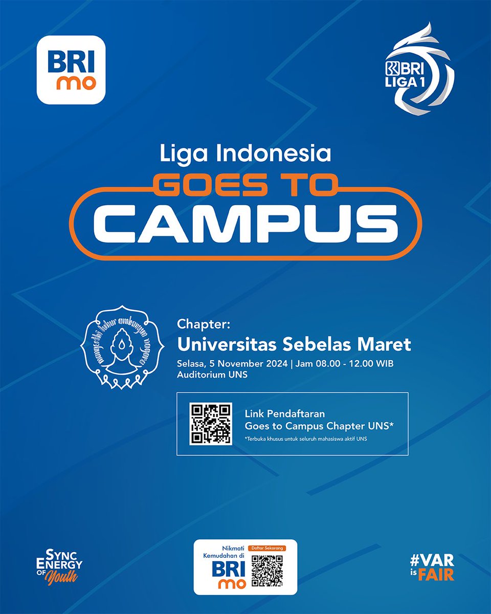 #LGTC Chapter UNS 

Liga Indonesia Goes To Campus merupakan acara yang diadakan oleh PT. Liga Indonesia Baru dalam rangka memperkenalkan industri sepakbola di Indonesia khususnya pada musim BRI Liga 1- 2024/25.

Link pendaftaran: forms.gle/ycfquRmyN4faBU…