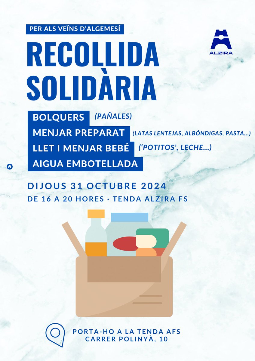 AlziraFS's tweet photo. Per als veïns d'Algemesí

⇢ Aigua embotellada
⇢ Menjar preparat en llauna
⇢ Bolquers
⇢ Llet i menjar de bebé (Potitos)

📍 Tenda AFS (Carrer Polinyà, 10)
⌚️ 16 a 20 hores 

Gràcies per la col·laboració 👏 https://t.co/Otmold4qhb