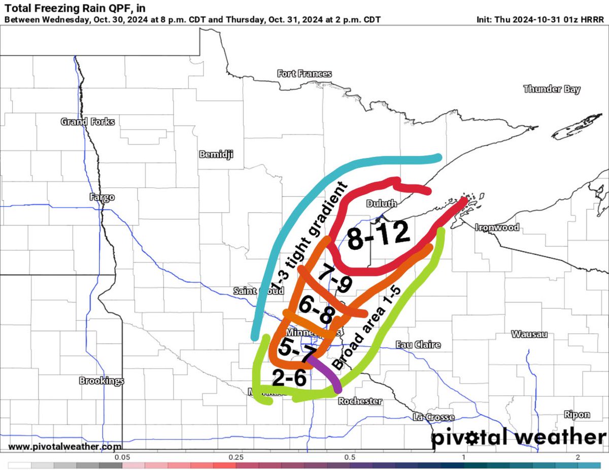 mplswx's tweet photo. Created my first ever personal snowfall forecast for today’s event after the 10/31 0z models came out last night. Maybe would move my graphic 25 miles west if I had to redo it now. 

Now basing my forecast off 10:1 vs. Kuchera. I expect Kuchera is wrong and snowfall ratios will be >10:1. Very rare to see lower than 10:1, and if there is a sharp rain/snow transition, like I expect for tomorrow, you will see 20:1+ liquid to snow ratios right along it.