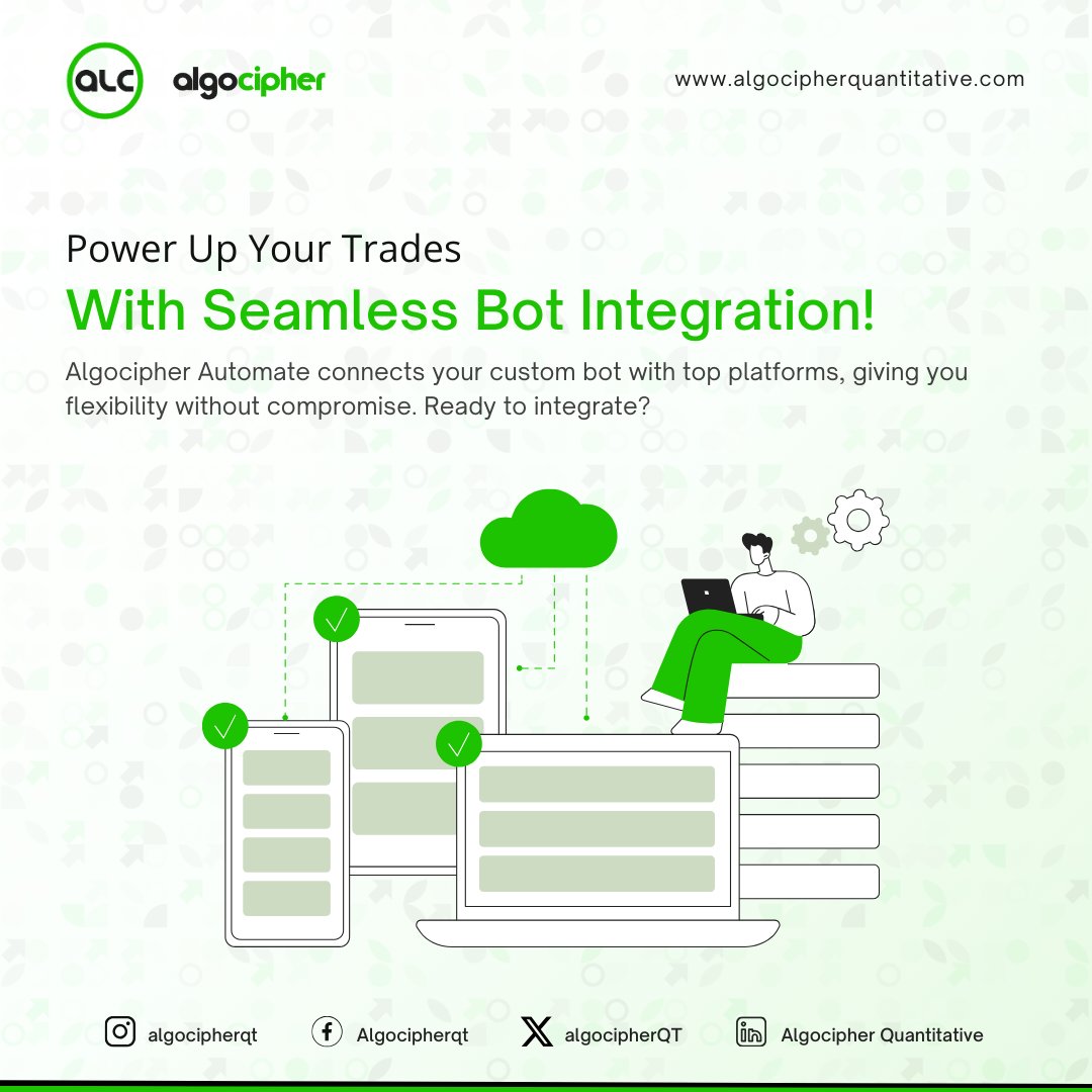 algocipherQT's tweet image. Power Up Your Trades with Seamless Bot Integration!
Algocipher Automate connects your custom bot with top platforms, giving you flexibility without compromise.
Ready to integrate?
#algocipherquantitative #thealgocipheradvantage #tradingautomation #FutureOfTrading