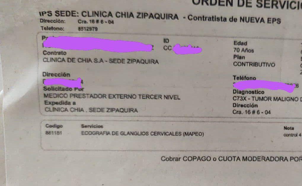 mayeortiz16's tweet photo. Necesitamos con urgencia exámenes y cita de control, es terrible como @NuevaEPSOficial juega con la salud de una adulto mayor quien requiere con urgencia estos exámenes por favor @Supersalud La salud primero. ¡El cáncer no da espera! 😡 https://t.co/7KbDrpksYH