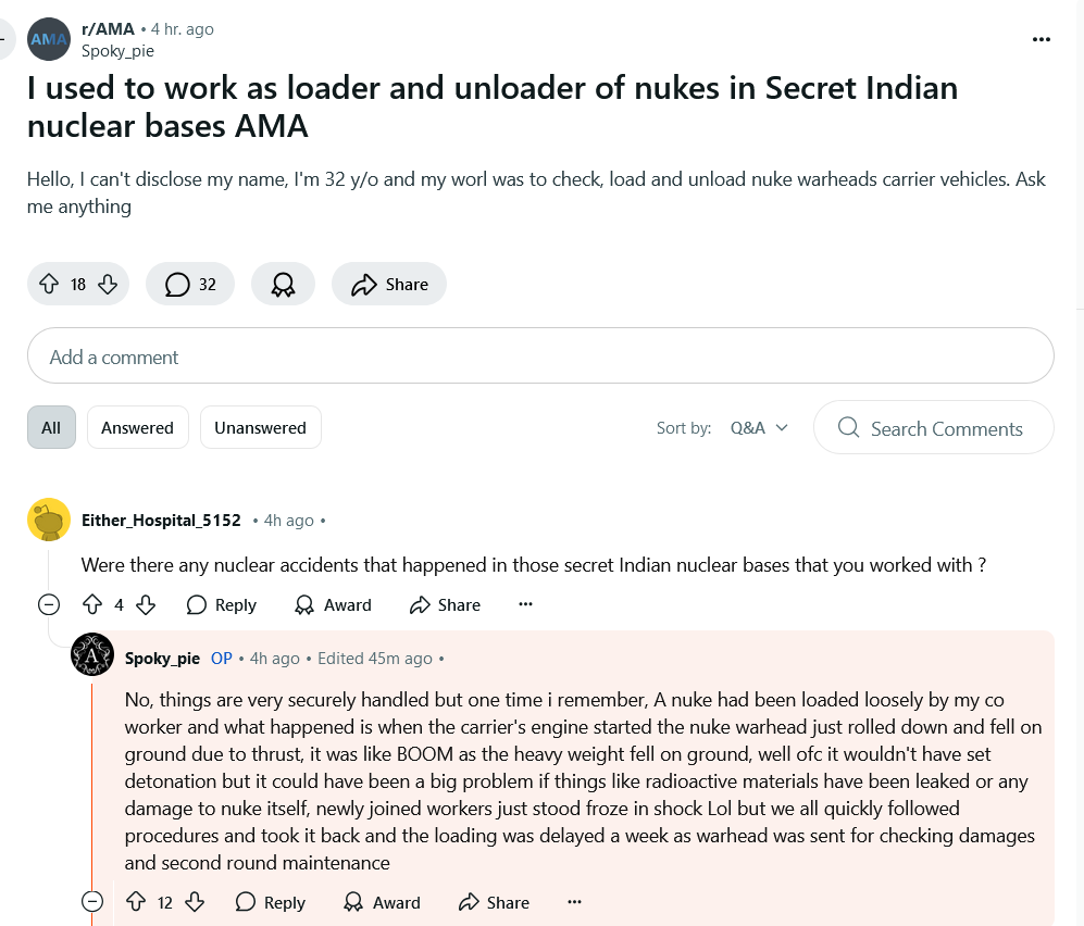 imdharmic's tweet photo. Hi @NIA_India do you do proper background checks for people that are employed in your nuclear programs? Coz there is some guy who claims he works there and is doing an AMA in reddit. Big security lapse. https://t.co/m6l3yYFo4A
@CBIHeadquarters , @HMOIndia @AmitShah @narendramodi https://t.co/pfa7BgroYo