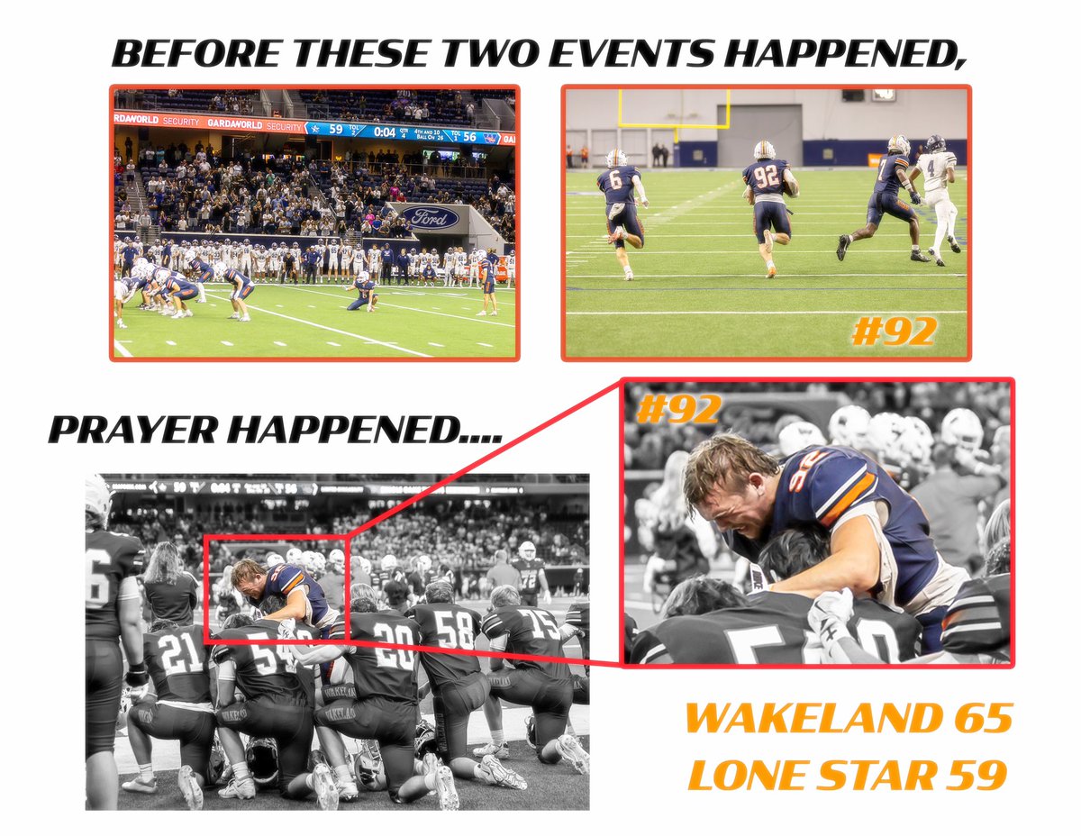 THE POWER OF PRAYER?….Down 59-56, Wakeland needed a 43 yard field goal during the last 4 seconds of the 4th quarter to stay alive and push the game into overtime.  As the team was preparing for the kick, #92, Austin Wilson, frantically gathers anyone who was interested to join
