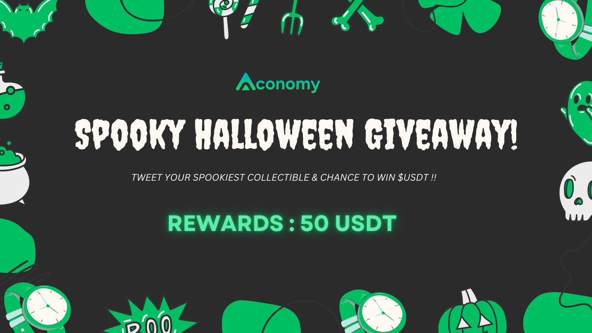 AconomyFdn's tweet photo. 👻 Spooky Halloween Giveaway Alert! 🎃👻
🎁 Prize: 50$ USDT 🔥

Show off your spookiest Halloween collectibles—from mystical Harry Potter wands to eerie vampire stakes—and see if yours haunts the top! 💀

🎃 How to Participate on Twitter:

✅ Post a pic of your spooky collectible and tag @0xAconomy with #aconomy and #SpookyRWA
✅ Follow @0xAconomy on Twitter
Like + Retweet this post 🎃
👻 Telegram Vote: Our community on Telegram will vote for the top 5 spooky entries!

📅 Submit by: November 3rd 👉 Join the 
https://t.co/UF2RtLguLU

Let’s see those Spooky Halloween Luxury Watches and Collectibles! 🕸️🎃