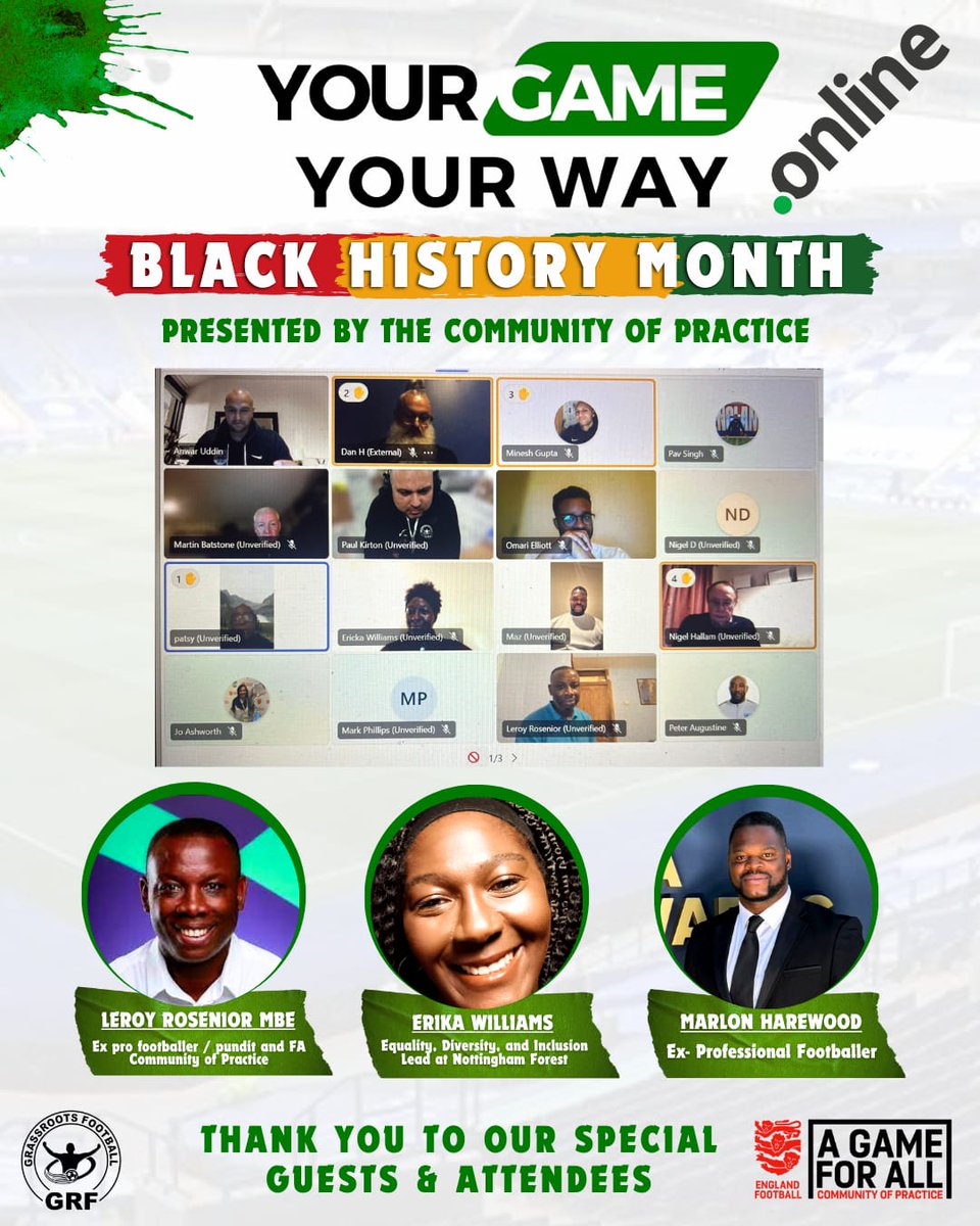 Last night we had our monthly Your Game Your way call with <a href="/FA/">The FA</a>
EDI Commuity of Practice. Hosted by <a href="/PaulKirton_/">Paul Kirton</a> &amp; <a href="/AnwarU01/">Anwar Uddin MBE</a>

This month's theme was Black History Month. 

Hosted 
Thank you to our guests 
<a href="/mazer_9/">Marlon Harewood</a> <a href="/leroyDGRosenior/">Leroy Rosenior</a>  Patsy Andrews  &amp; Erika Williams for telling their