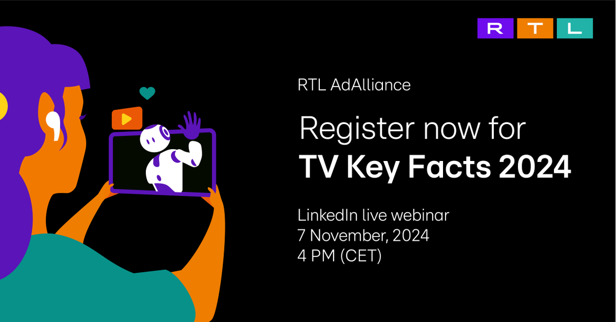 RTL_AdAlliance's tweet photo. 🎉 Register now for the TV Key Facts 2024 LinkedIn live webinar!

📅 Join us on November 7, 2024 at 4 PM (CET)

👉 Register nowhttps://www.linkedin.com/events/tvkeyfacts20247249331148206542849/theater/

#TVKeyFacts #RTLAdAlliance #TotalVideo #Innovation #AI https://t.co/L8VrJu64cF