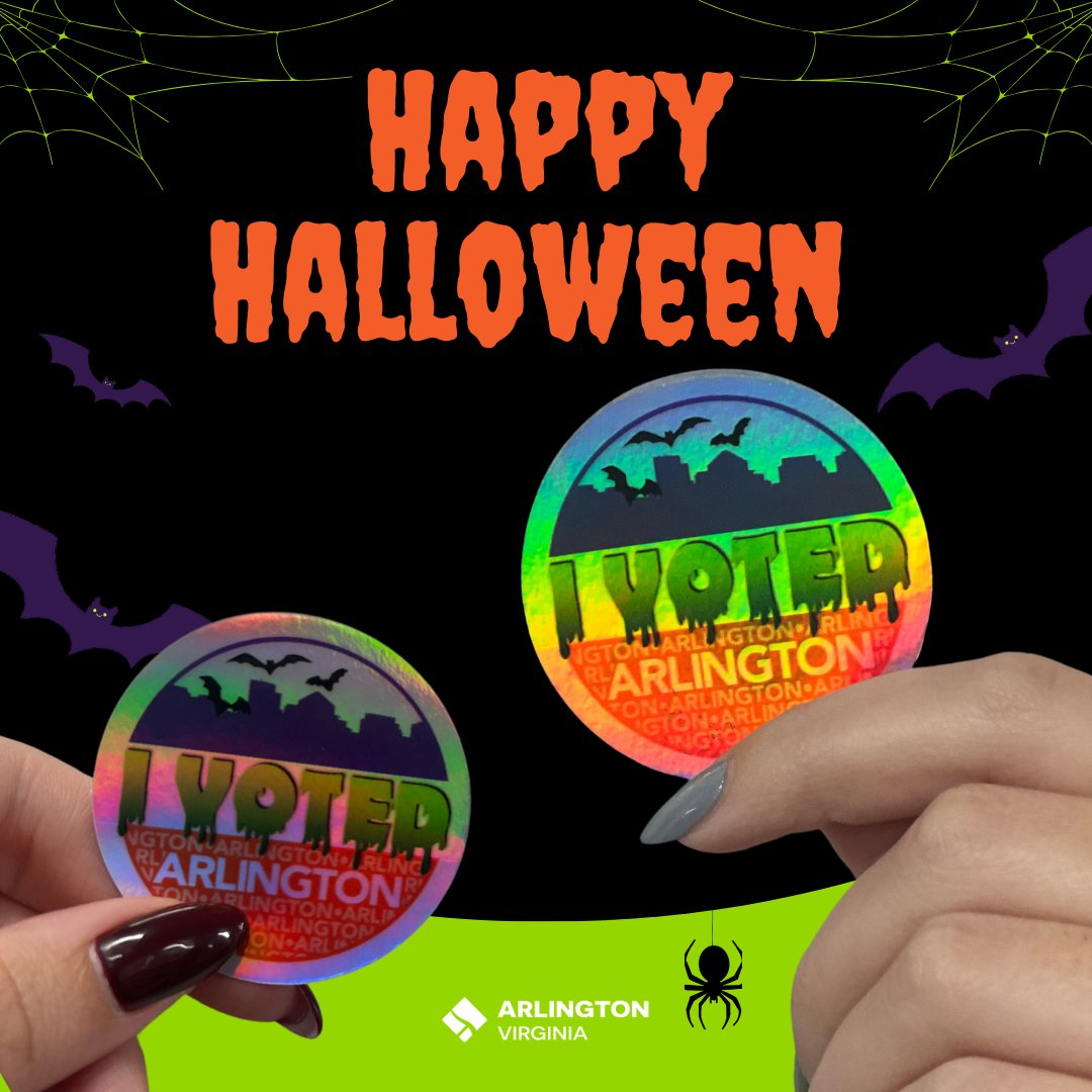 In election world, Halloween is the one day a year when we give out spooky, limited edition I Voted stickers! Happy Halloween! 🎃🦇

We have a VERY limited number of Halloween stickers available at all Early Voting sites today, 10/31! vote.arlingtonva.gov/Early-Voting

#ArlingtonVotes