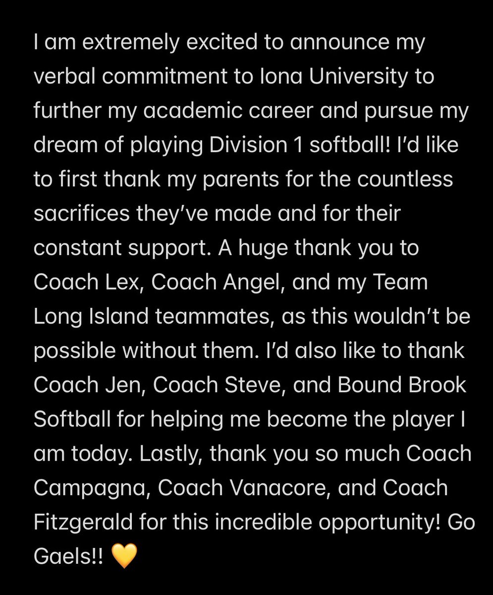 Officially a Gael!! ❤️💛
<a href="/IonaSoftball/">Iona Softball</a> @CoachCarla_Iona <a href="/TLI18U/">Team Long Island 18U</a> <a href="/BlackCatFP/">Black Cat Fastpitch</a>