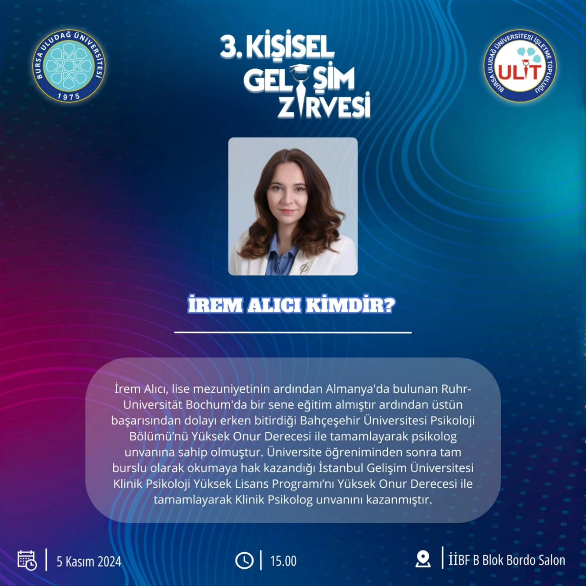 3. Kişisel Gelişim Zirvemiz tüm hızıyla devam ediyor 🥳

“Öğrenmeye açık, gelişime hazır ol” sloganıyla düzenlediğimiz etkinliğimizde 5 Kasım 15.00’te İrem ALICI bizlerle birlikte 🌟