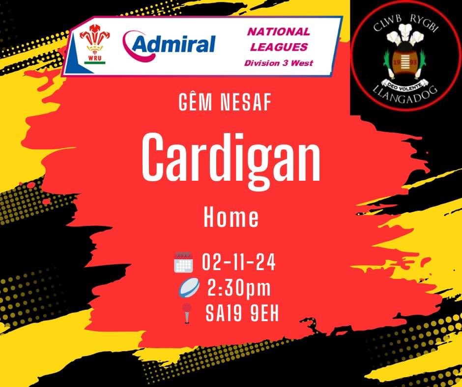 League rugby is back this Saturday afternoon when <a href="/cardiganrfc/">Clwb Rygbi Aberteifi</a> are the visitors. The lads will appreciate your support!
🔴🟡⚫️