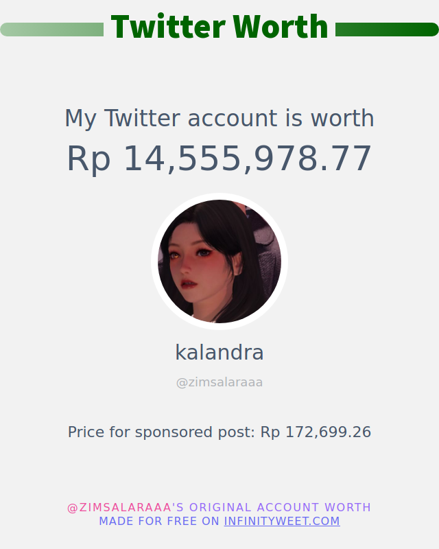 Nilai Twitter Saya adalah: Rp 14,555,978.77

➡️ infinityweet.me/account-worth?…