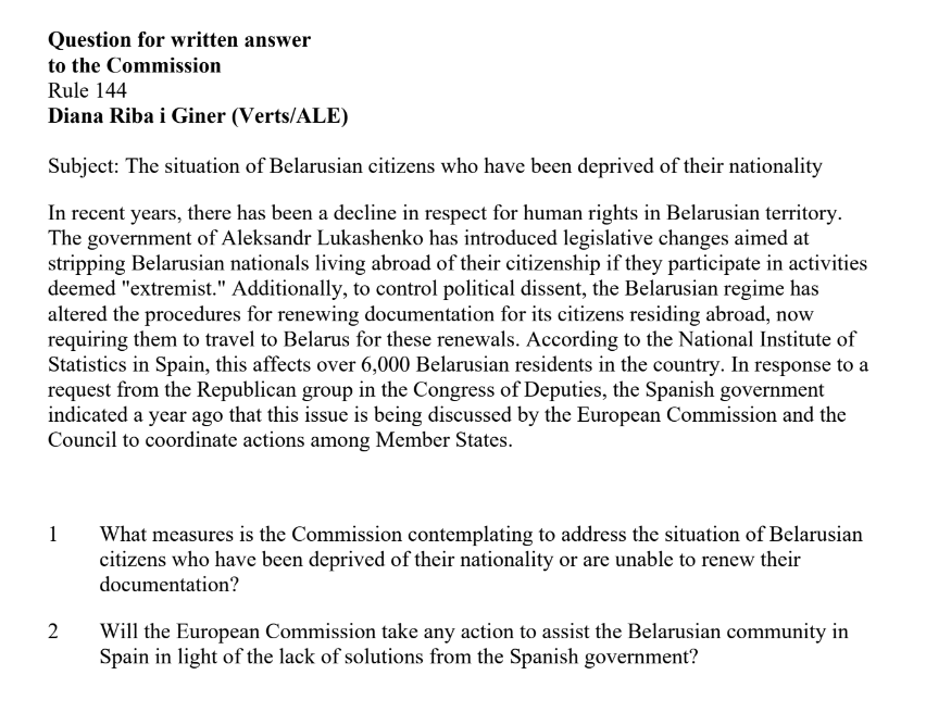 <a href="/EU_Commission/">European Commission</a> <a href="/RAZAMcat/">Associació RAZAM Bielorussos de Catalunya</a> <a href="/Esquerra_INT/">Esquerra International</a> <a href="/EFAparty/">European Free Alliance</a> The Belarusian community in Catalonia is in a critical situation. Lukashenko's government is forcing them to choose between returning, renewing their nationality and facing detention, or becoming stateless.

Given the lack of action from Spain, we ask the <a href="/EU_Commission/">European Commission</a>: