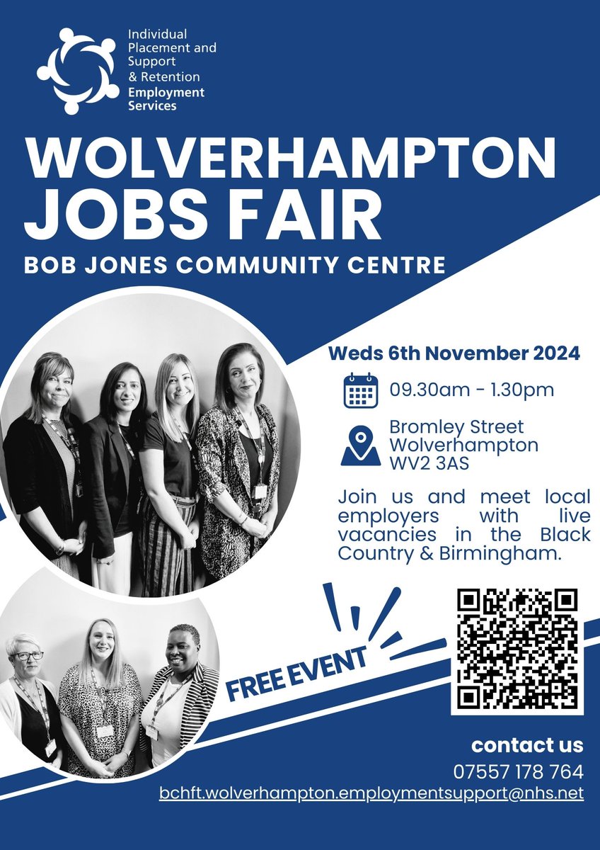 Don't forget that the Jobs Fair is coming to Wolverhampton this week. If you need support getting in to work, pop in to see us at the Bob Jones Community Hub on Wednesday 6th November and meet with a range of local employers. No tickets or prior bookings needed, see you there!
