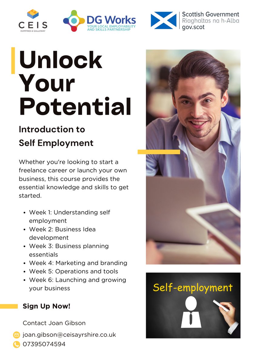 D&G Local Employability & Skills Partnership (@dgemployability) on Twitter photo 🤩Ever thought about Self-Employment?
DGWorks partner <a href="/CEIS_DandG/">CEIS in D&G</a> are working with people across the region to unlock their potential, on a 6 week fully funded course.
To find out if you are eligible for a place please contact Joan on the below details: 🤩Ever thought about Self-Employment?
DGWorks partner <a href="/CEIS_DandG/">CEIS in D&G</a> are working with people across the region to unlock their potential, on a 6 week fully funded course.
To find out if you are eligible for a place please contact Joan on the below details: