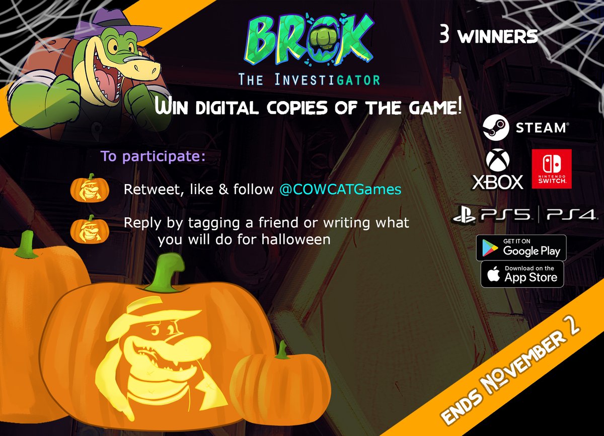 COWCATGames's tweet image. 📣 GIVEAWAY 📣
I offer 3 digital copies of my adventure game BROK the InvestiGator on PC, consoles &amp;amp; mobile 🎮

🎃 RT, like &amp;amp; follow my account
🎃 Tag a friend in reply or tell us what are your halloween plans!