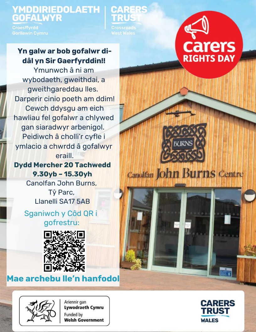 🌟 Carers Rights Day 2024🌟

📅 20th Nov
📍 John Burns Centre, Kidwelly
🕒 9:30am – 3:30pm
🍲 Free hot buffet lunch!
For unpaid carers in Carmarthenshire: wellbeing activities, info stands, expert talks. Booking essential!
👉 Book here or call 0300 0200 002
#CarersRightsDay