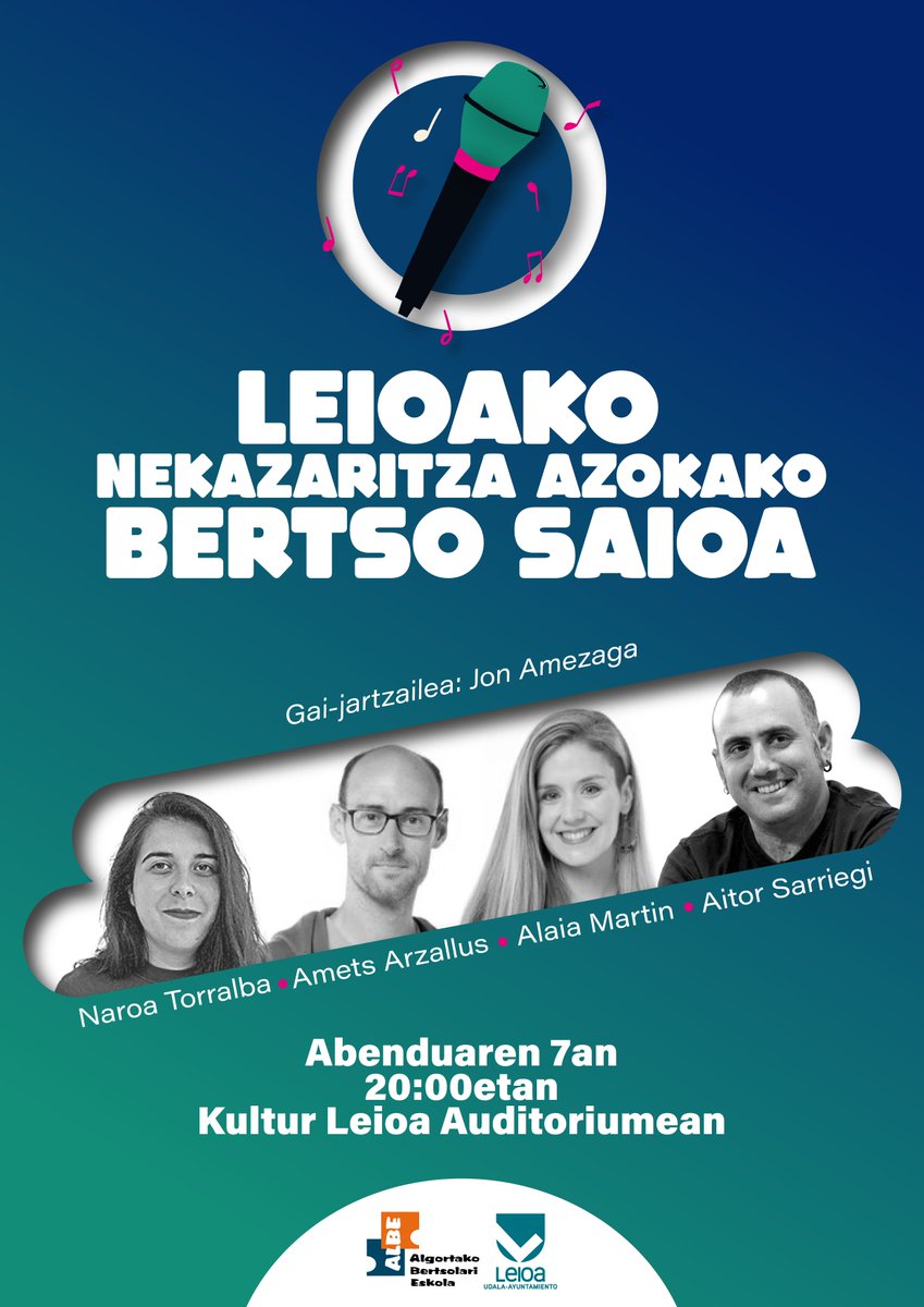 Abenduaren 7an bertso saioa izango dugu Leioako auditoriumean🎤
Naroa Torralba, Alaia Martin, Amets Arzallus eta Aitor Sarriegi kantuan, Jon Amezaga gai-jartzailearekin.
labur.eus/xoT8z
#bertsolaritza <a href="/bertsolaritza/">Bertsoa</a> <a href="/BBertsozale/">Bizkaiko Bertsozale</a> <a href="/bizkaie/">Bizkaie!</a> <a href="/HirukaEus/">Hiruka</a> <a href="/bilbohiria/">Bilbo Hiria irratia</a>