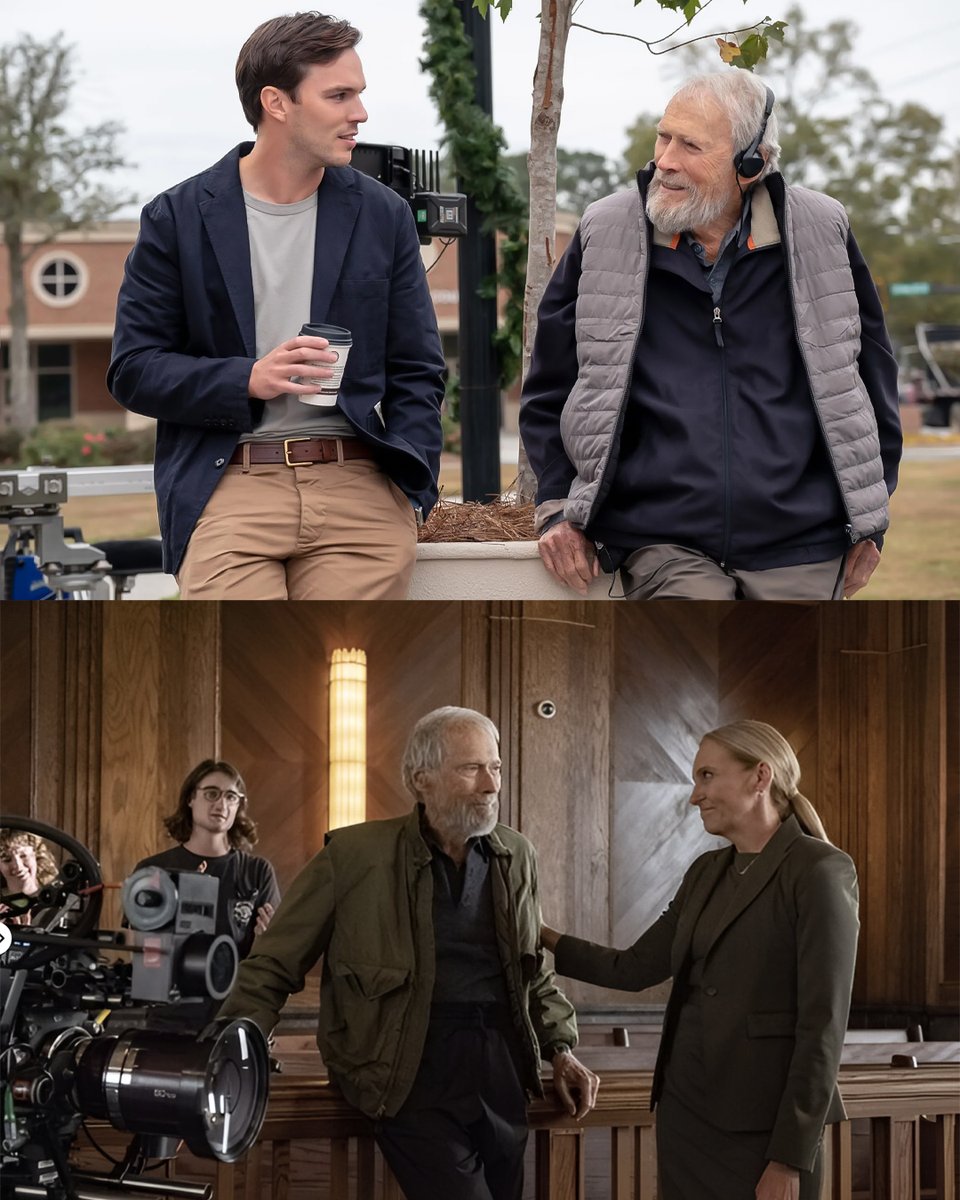 fotogramas_es's tweet photo. Si alguna vez necesitaste una señal para confirmar que Clint Eastwood ama el cine como nadie, solo tienes que ver estas fotos del actor y director detrás de cámaras de su nueva película, la número 40 de su trayectoria 🎬😍 A sus 94 años, el último gran clásico del cine estadounidense sigue trabajando tan duro como siempre y estrena 'Jurado Nº2', un drama ambientado en un juicio oral, con Nicholas Hoult y Toni Collette como protagonistas; y lo hace sin perder la sonrisa 🫶#ClintEastwood #NicholasHoult #ToniCollette #Jurorno2 #Juradono2