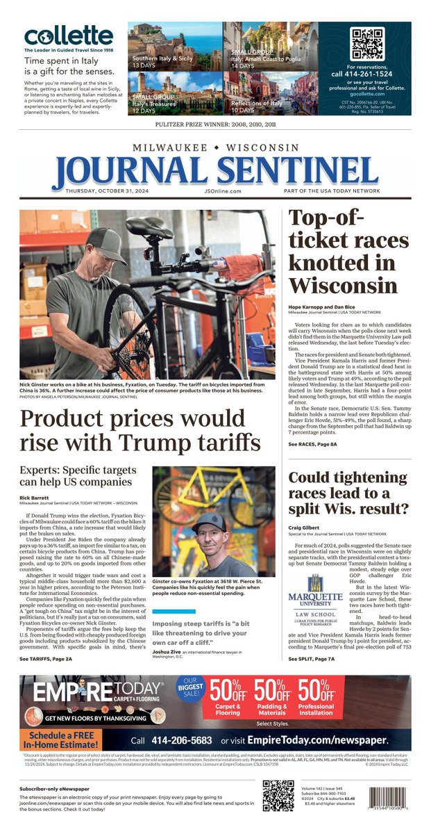 ammarmufasa's tweet photo. What a front page in Wisconsin.

"Product prices would rise with Trump tariffs." https://t.co/CjLy80W7al