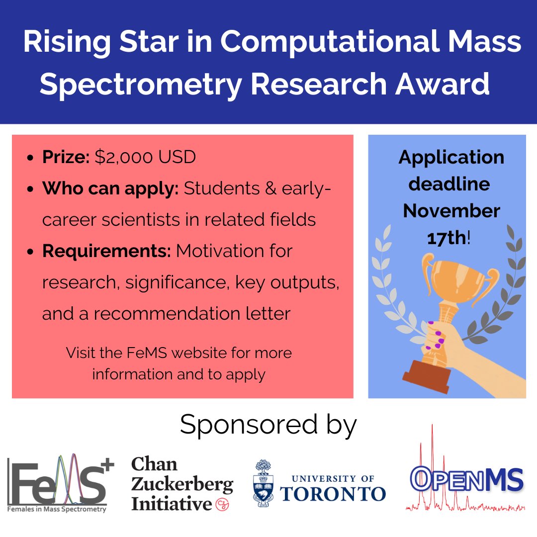 Applications for the Rising Star in Computational Mass Spectrometry Research Award are NOW OPEN ❗

📅 Application deadline: 17th November 2024
More information ➡ femalesinms.com/rising-star-in…
Application ➡ airtable.com/appR50ouD6eJXR…