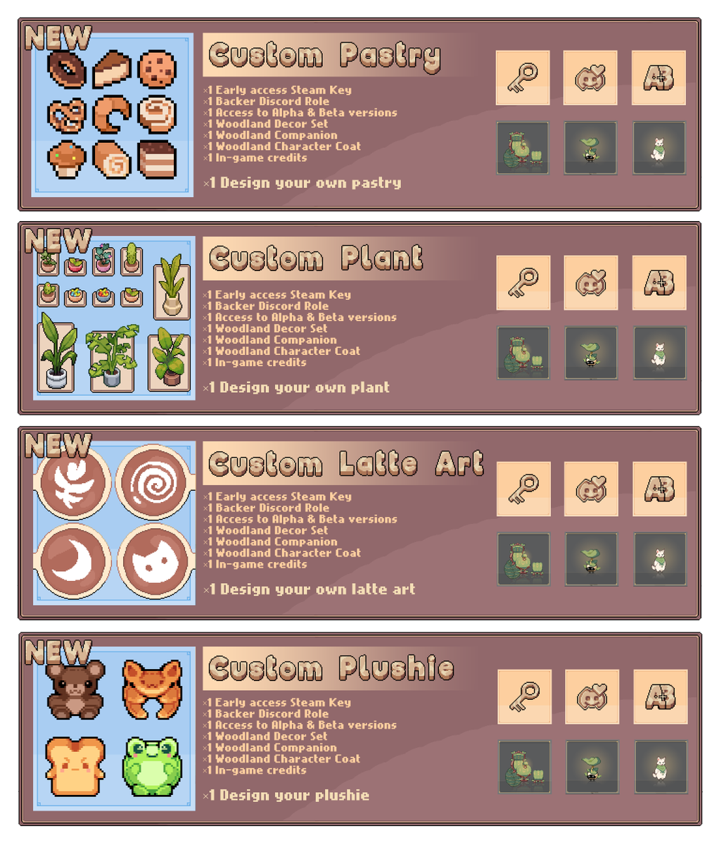 CoffeeBeansDev's tweet image. Just added new Tailside game fundraiser tiers:
🥐 Custom pastries
🌱 Custom plants
☕ Custom latte art designs
🐻 Custom plushies!