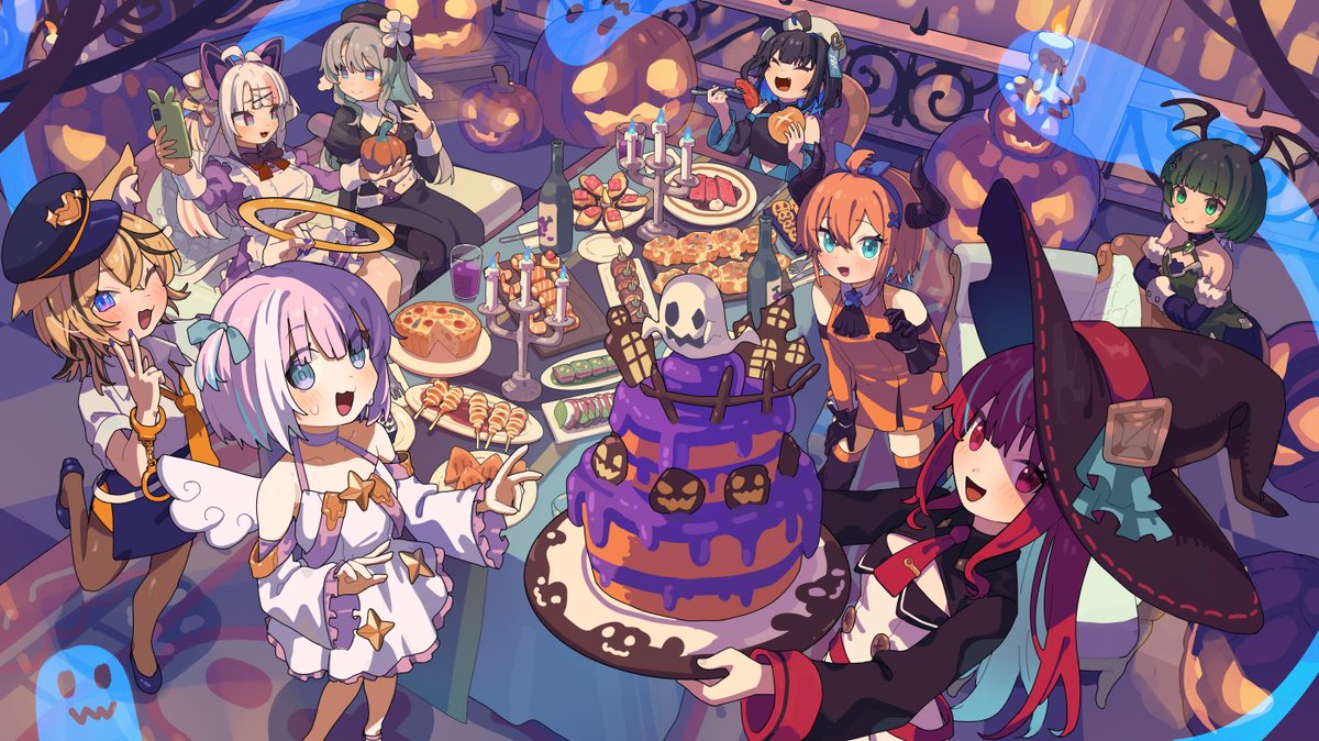 「「ミクストガールズ」様のハロウィンイラストを描かせて頂きました、よろしくお願いい」|ぐりーんたぬきのイラスト