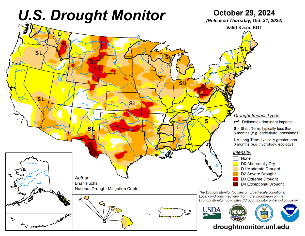 DroughtCenter's tweet photo. US Drought Monitor 10-31-24

For the 50 states and Puerto Rico, the US Drought Monitor shows 45.27%  in moderate drought or worse, compared to 41.89% last week.

#droughtmonitor #drought #drought2024 #climate #science #data #maps #UnitedStates #USA #US https://t.co/VFswaPRG6e