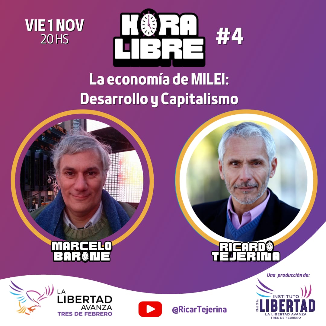VIERNES 1/11, 20 H, HAY #HoraLibre 

🦁 La economía de <a href="/JMilei/">Javier Milei</a>
💲 Conflicto de <a href="/Mercadolibre/">Mercado Libre</a> y La Matanza
🗣️ Hace falta una oposición responsable
🗽 Elecciones en EE.UU, gana <a href="/realDonaldTrump/">Donald J. Trump</a>?

🕗 VIE 1 NOV 20 H
▶️ Por YouTube <a href="/RicarTejerina/">Ricardo Tejerina</a>
🎦 Una producción del <a href="/IN_LIBERTAD/">INSTITUTO Ideas de la LIBERTAD</a>