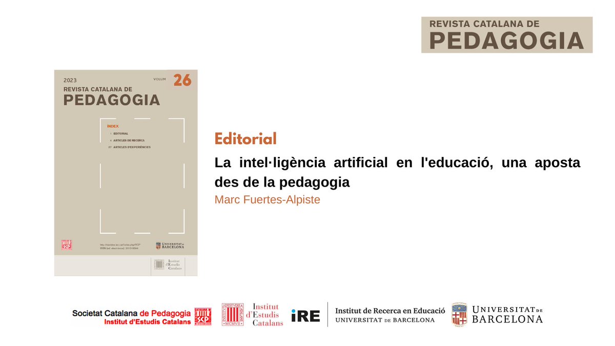 Editorial 
La intel·ligència artificial en l'educació, una aposta des de la pedagogia

🖊️Marc Fuertes-Alpiste 
🔗doi.org/10.2436/20.300…