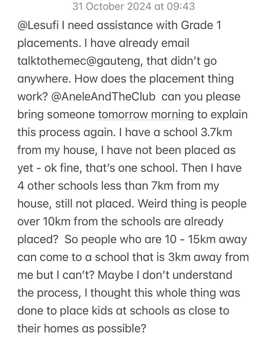 traycee9's tweet photo. I need assistance with this Grade 1 placement, @AneleAndTheClub can you please bring someone who can explain again. How does it work? Is it like the lottery, you have 1 in a billion chance to be placed? Help me, otherwise I have to leave work and run around Gov dep @Lesufi https://t.co/d227skhSzV