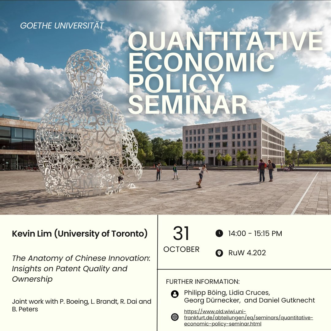 Lidia Cruces (@lidia_cruces_) on Twitter photo 📢 Kicking off the semester with our 1st Quantitative Economic Policy Seminar today!
🗓️ Speaker: Kevin Lim (U. Toronto)
"The Anatomy of Chinese Innovation: Insights on Patent Quality and Ownership"
Organized with <a href="/Philipp_Boeing/">Philipp Boeing</a> , <a href="/GeorgDuernecker/">Georg Duernecker</a> & <a href="/GutknechtEcon/">Daniel Gutknecht</a> . 📢 Kicking off the semester with our 1st Quantitative Economic Policy Seminar today!
🗓️ Speaker: Kevin Lim (U. Toronto)
"The Anatomy of Chinese Innovation: Insights on Patent Quality and Ownership"
Organized with <a href="/Philipp_Boeing/">Philipp Boeing</a> , <a href="/GeorgDuernecker/">Georg Duernecker</a> & <a href="/GutknechtEcon/">Daniel Gutknecht</a> .