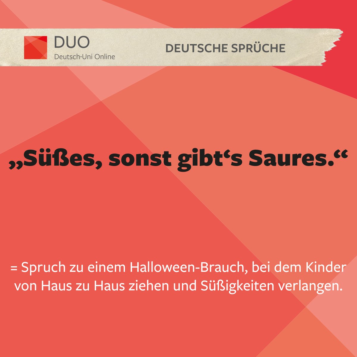 TestDaFInstitut's tweet photo. Am 31.10. wird in Deutschland Halloween gefeiert. Ein Brauch zu Halloween ist: Von Haus zu Haus ziehen, an den Türen klingeln und mit dem Spruch „Süßes, sonst gibt’s Saures“ Süßigkeiten fordern.
Wird in Deinem Heimatland ebenfalls Halloween gefeiert und welche Bräuche gibt es an? https://t.co/ghyc96bGOG