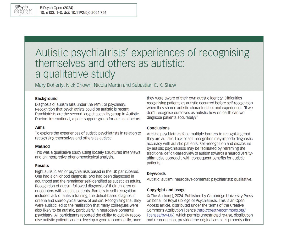 Seb Shaw (he/him) 🏳️🌈 (@autistic_doc) on Twitter photo 🗞️🗞️🗞️ NEW PAPER 🗞️🗞️🗞️
Experiences of #ActuallyAutistic psychiatrists recognising themselves and others as autistic
Read free: cambridge.org/core/journals/…
<a href="/BSMSMedSchool/">BSMS</a> <a href="/LSBU/">London South Bank University - LSBU</a> <a href="/rcpsych/">Royal College of Psychiatrists</a> 🗞️🗞️🗞️ NEW PAPER 🗞️🗞️🗞️
Experiences of #ActuallyAutistic psychiatrists recognising themselves and others as autistic
Read free: cambridge.org/core/journals/…
<a href="/BSMSMedSchool/">BSMS</a> <a href="/LSBU/">London South Bank University - LSBU</a> <a href="/rcpsych/">Royal College of Psychiatrists</a>