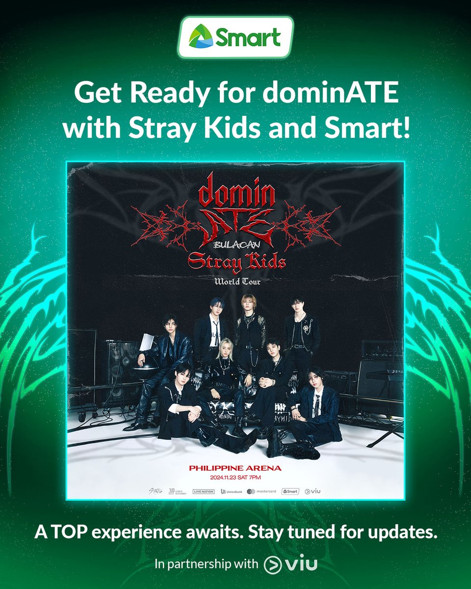 LiveSmart's tweet photo. Stray Kids are powered up to dominate the Philippine Arena on November 23, 2024!

Don't miss out on Stray Kids World Tour <dominATE BULACAN>. Stay tuned here for exciting new from Smart!

#SmartViu #SKZinPH #dominATE_BULACAN https://t.co/nVWyh0QmMT
