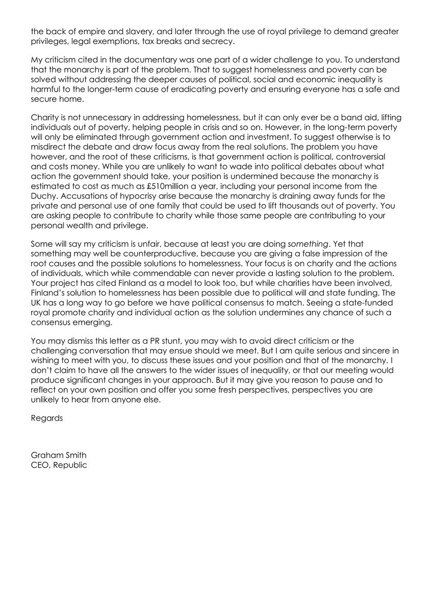 Our CEO <a href="/GrahamSmith_/">Graham Smith 🇺🇦 🏳️‍🌈 🇬🇱 🐧</a> has written to William, challenging him to meet to discuss poverty, inequality and the monarchy's role in perpetuating these problems. The letter follows William dismissing criticism from Republic during his homelessness documentary. 👇 
#AbolishTheMonarchy