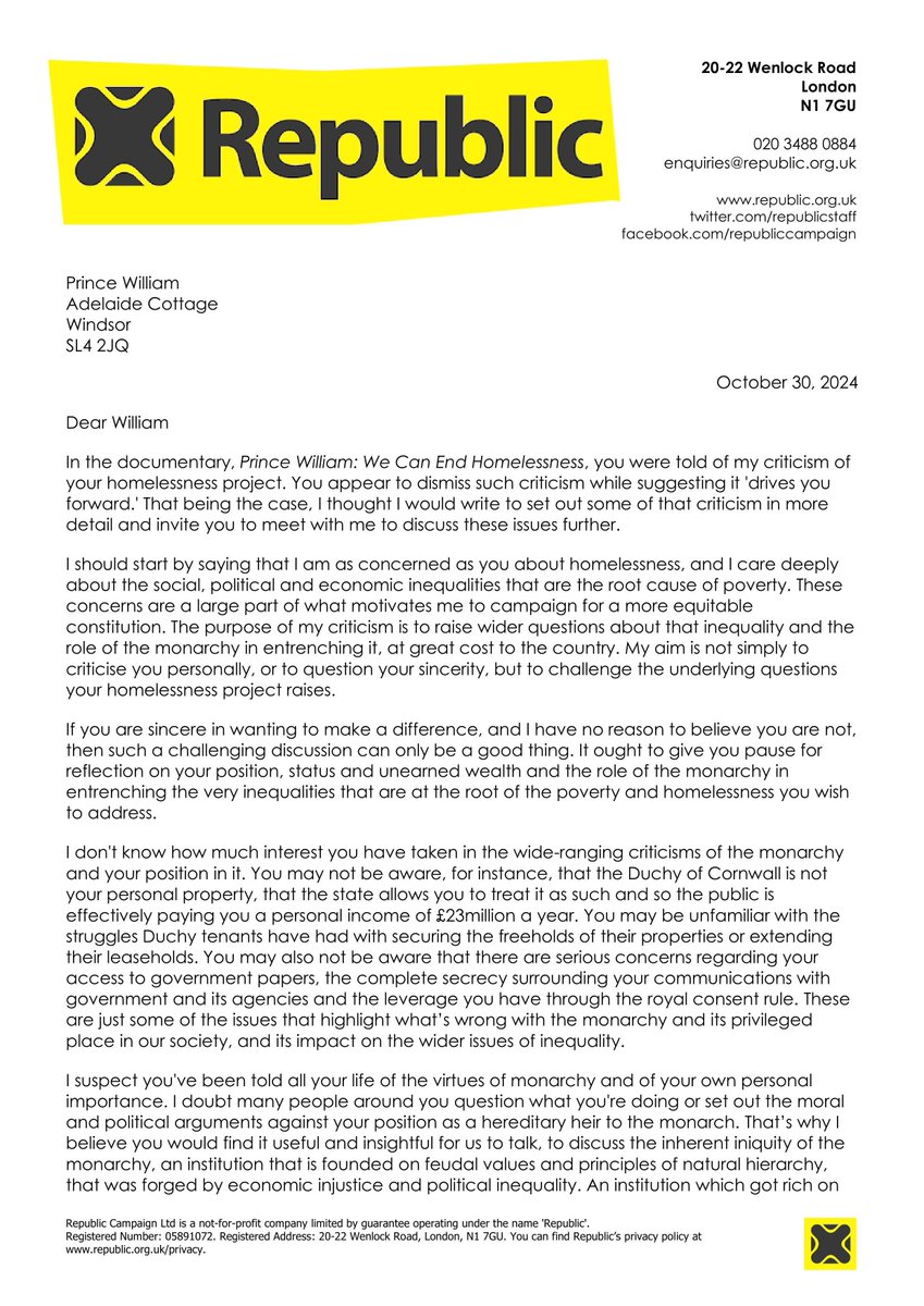 RepublicStaff's tweet photo. Our CEO @GrahamSmith_ has written to William, challenging him to meet to discuss poverty, inequality and the monarchy's role in perpetuating these problems. The letter follows William dismissing criticism from Republic during his homelessness documentary. 👇 
#AbolishTheMonarchy https://t.co/4JY3kCZDtH