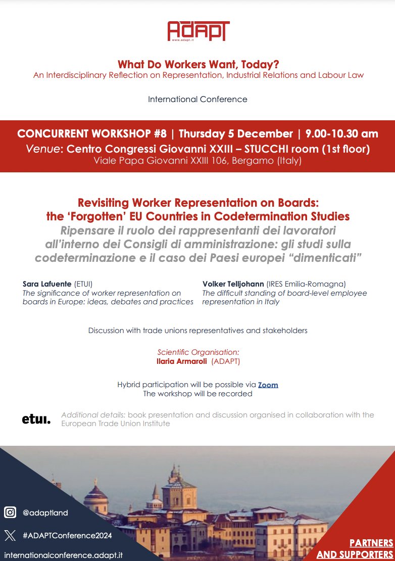 ADAPT_bulletin's tweet image. Interested in joining a conversation with union reps and stakeholders on #workerrepresentation on #boards and #codetermination studies? Register for @ETUI_org -@adaptland workshop on Dec 5 during #ADAPTConference2024!
✍️internationalconference.adapt.it/registration/
ℹ️ internationalconference.adapt.it/wp-content/upl…