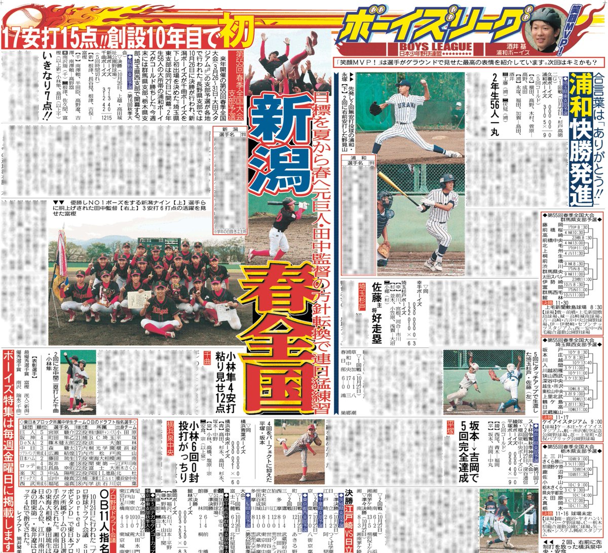 sportshochiboys's tweet image. 本日(11/1)の紙面です。
来年の #春季全国大会 の長野県支部予選で ＃新潟ボーイズ が優勝！初の春全国です。元巨人・ ＃田中健太郎 監督も感慨深げでした
１００人超の部員がいる ＃浦和ボーイズ はチームをまとめる合言葉が…
ドラフト指名のＯＢも紹介
＃中学硬式野球
＃ボーイズリーグ
