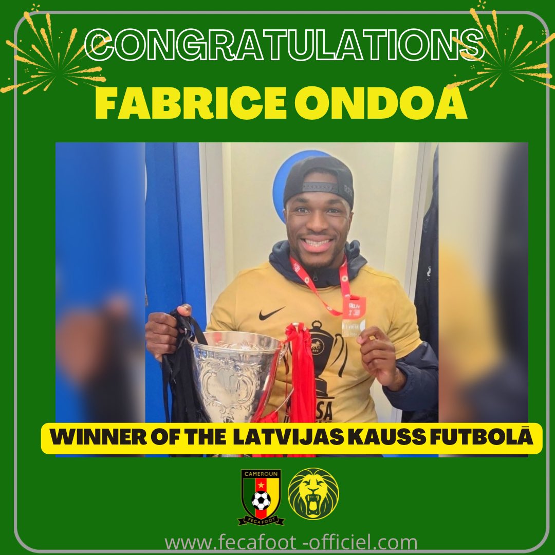 FecafootOfficie's tweet photo. The Cameroonian Football Federation sends its congratulations to Cameroonian international goalkeper @Ondoa1_Officiel, winner of the 2024 Latvijas Kauss futbolā.
#INDOMITABLES https://t.co/KBFDdjYFBm
