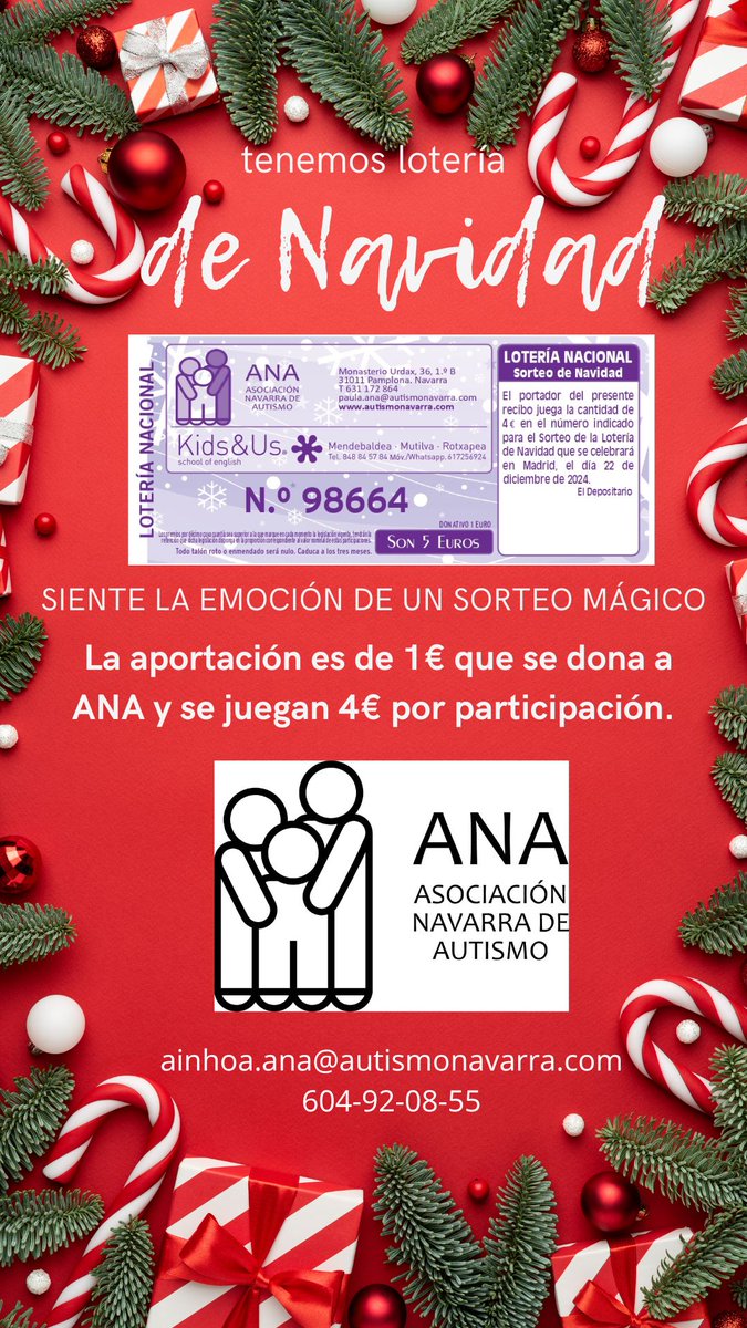 .<a href="/autismonavarra/">ANA autismonavarra</a> Un año más hemos puesto en marcha la #LoteríaNavidadSolidaria de #ANA. ¡¡No te quedes sin tu participación!!
Adquiere tus boletos en nuestra sede, contactando a través del correo electrónico: ainhoa.ana@autismonavarra.com o por WhatsApp en él teléfono 604 920 855