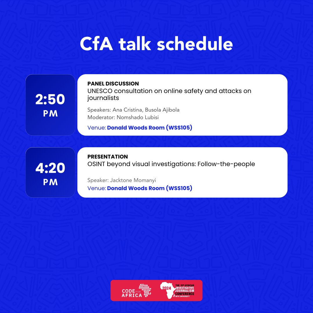 If you missed any of <a href="/Code4Africa/">Code for Africa</a>’s talks yesterday at <a href="/AIJC_Conference/">African Investigative Journalism Conference</a>, there's plenty of time to catch up today. Follow the event guide for more sessions on AI, disinformation, digital threats, and tech-driven journalism.

#AIJC2024 #CFAXAIJC2024