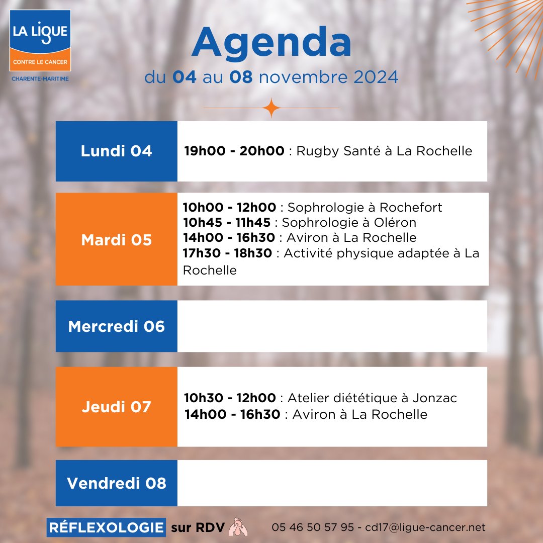 AGENDA | du 04 au 08 novembre 2024 📅
​
Au programme : sophrologie, rugby santé, atelier diététique, aviron...