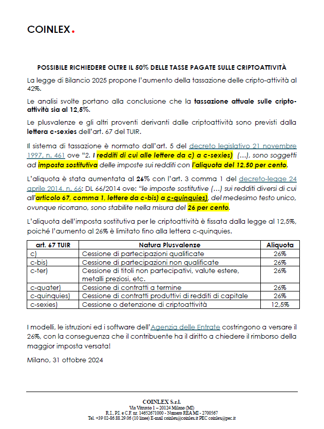 L'aliquota per la tassazione delle criptoattività è al 12,5%.
Sembra strano,ma è così.
matteoflora.com/criptotax
coinlex.it/2024/10/31/pos…