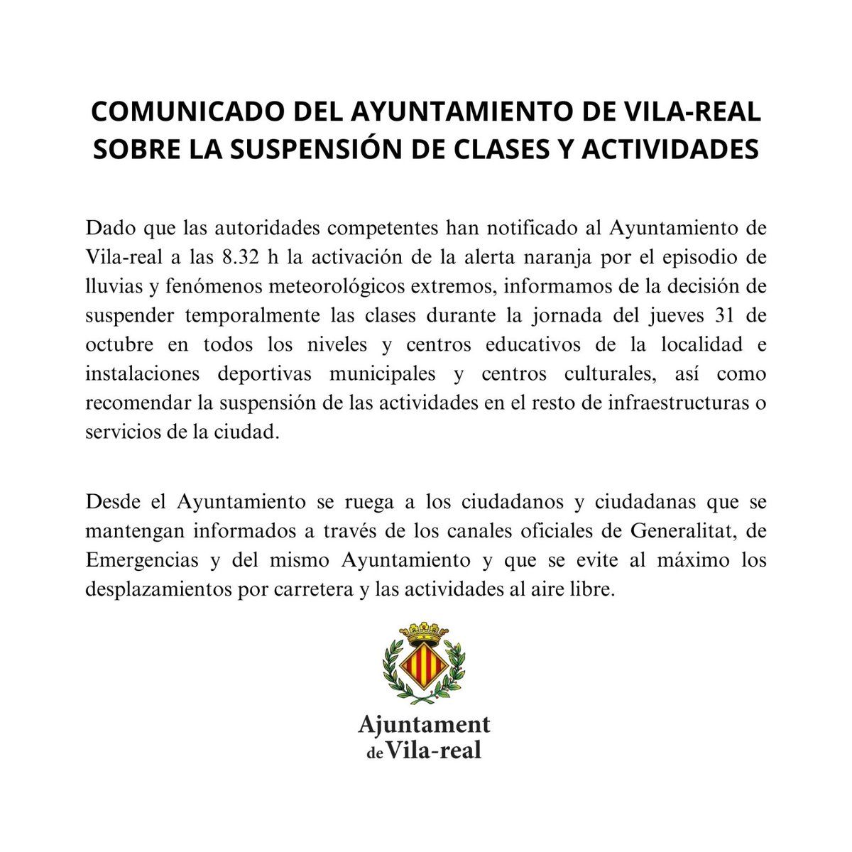AVÍS SUSPENSIÓ DE CLASSES I ACTIVITATS PER A HUI 31 D'OCTUBRE!!!