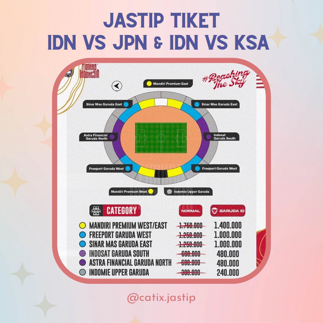 jastipcatix's tweet photo. Open jastip/ticketing service

IDN VS JPN &amp; IDN VS KSA

🔆 Fee 75k (kategori Indosat, Astra &amp; Indomie)
🔆 Fee 100k (kategori Mandiri, Freeport &amp; Sinar)
🔆 Booking slot 25k/tix (inc fee)
🔆 Pakai data cust
🔆 Trusted
🔆 War only. 

Dm for booking❤️‍🔥

#timnasindonesia #TimnasDay https://t.co/hdftP30AIX