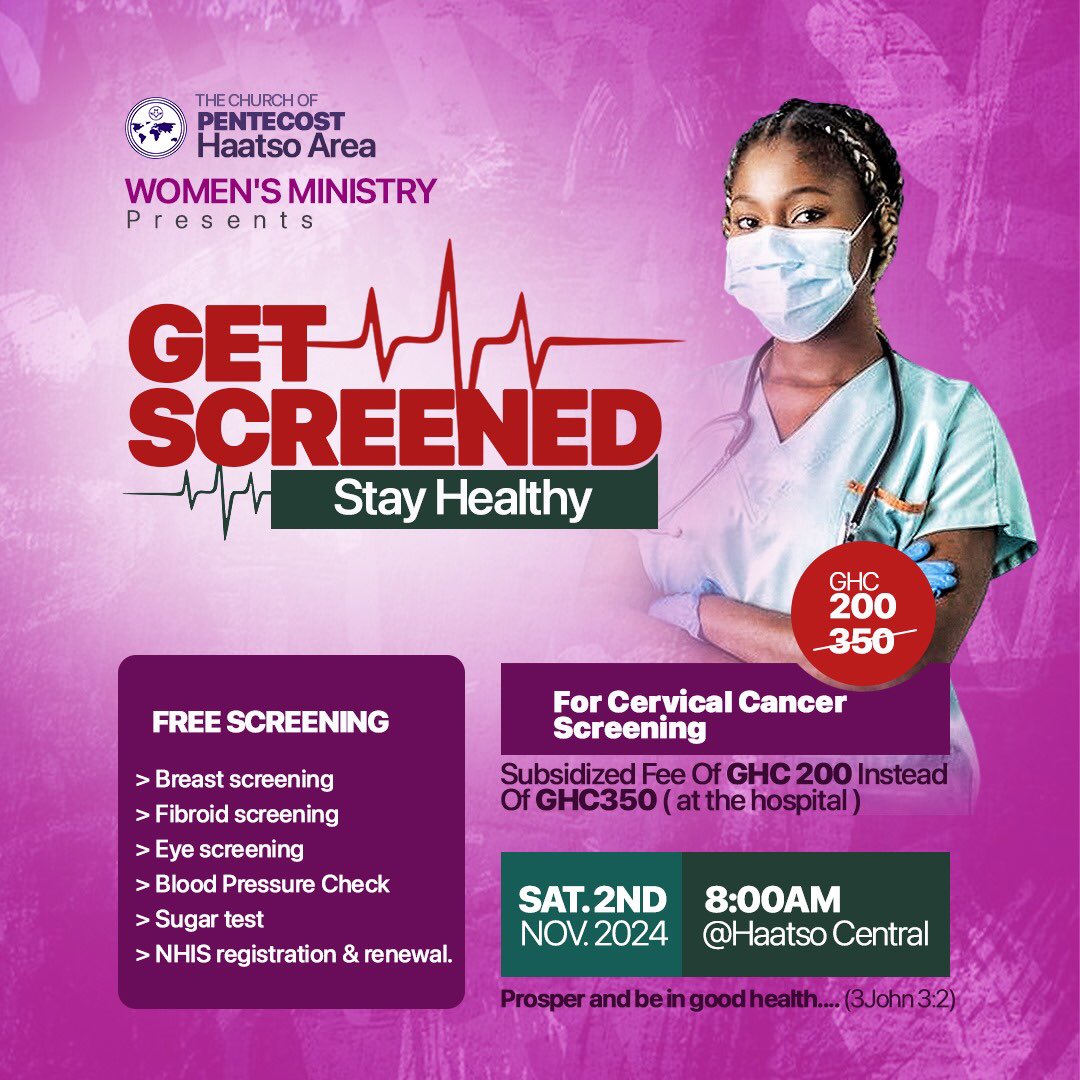 haatsoarea's tweet photo. Get screened and stay healthy! Join us on Nov 2, 8 AM at Haatso Central for FREE screenings &amp; cervical cancer tests for just GHC 200! #HealthIsWealth #COPHaatsoArea #GetScreened https://t.co/MhI4iGpZ9A