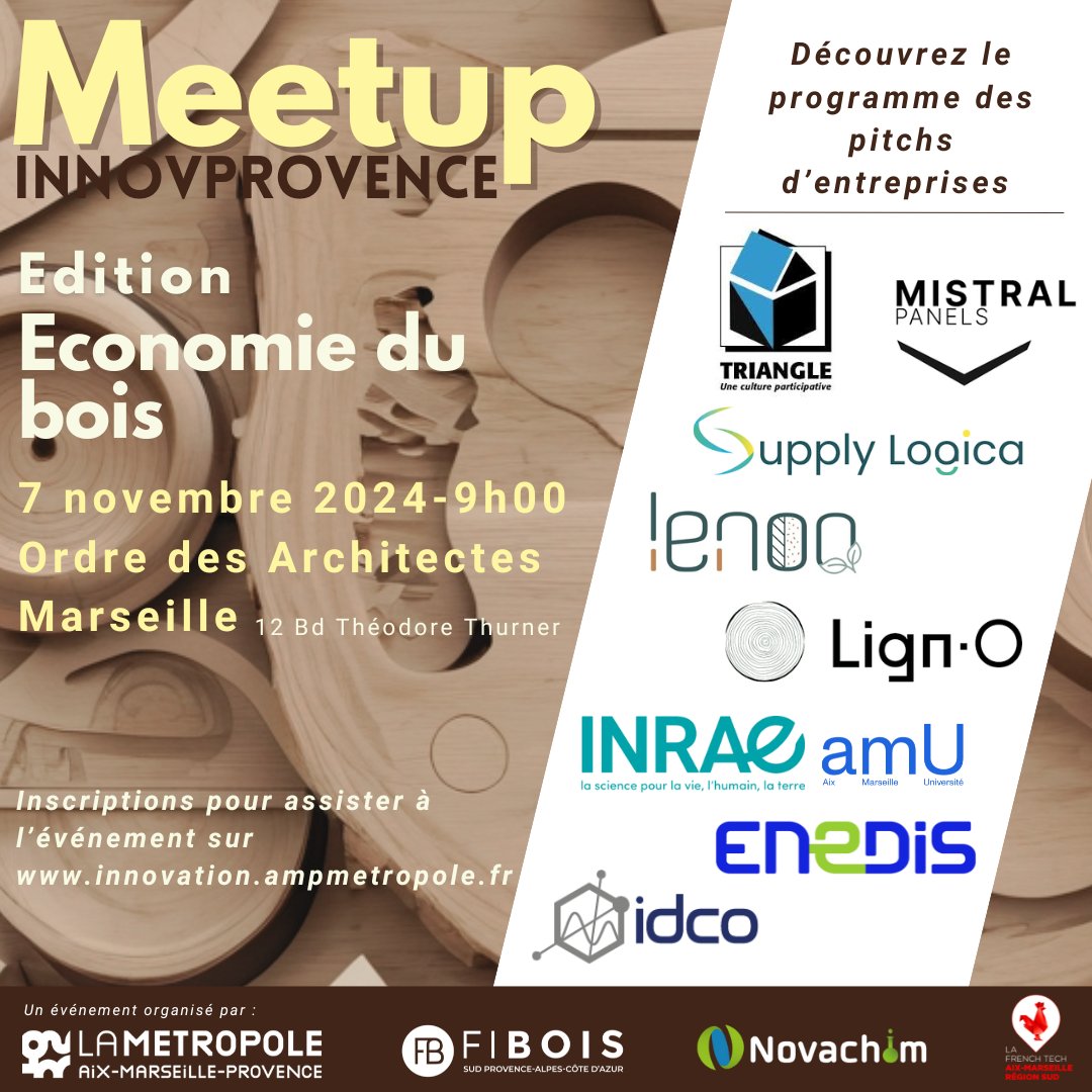 AMPMetropole's tweet photo. 🪵 Innover avec le bois pour un futur durable ! 🚀
🌟 Assistez à la 8️⃣ᵉ édition des #MeetupInnovProvence dédiée à l’économie du bois ! 🪵
💡 Cet événement sera l’occasion d’assister à des pitchs présentant des solutions innovantes.
📅 7 novembre 2024
📍 Ordre des Architectes, 12 boulevard Thurner, 13006 Marseille
👉 Inscriptions : https://t.co/uBsdHEPdil
