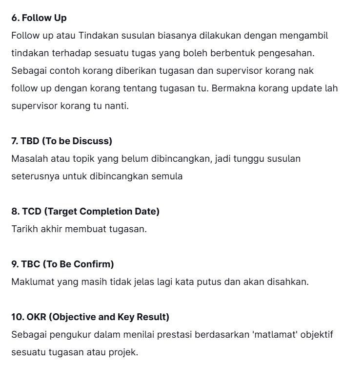 ainachuu_'s tweet photo. Fresh grad yang baru nak start kerja.

Korang WAJIB tahu istilah-istilah penting dalam dunia kerja supaya tak blur nanti ��️

Boleh bookmark buat rujukan in future! https://t.co/jiuCljnsAp