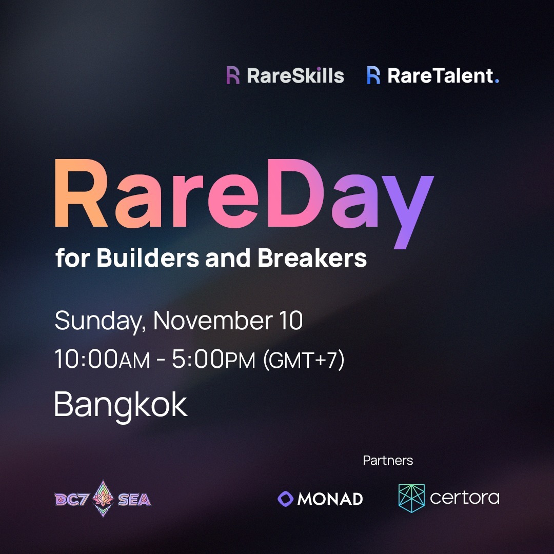 RareSkills_io's tweet image. RareSkills is hosting an all-day event -- RareDay -- on November 10th in Thailand.

You'll get to hear from speakers from:

✔ RareSkills
✔ @certora
✔ @monad_xyz

We are gatekeeping the event for technical attendees. If you are a BD, be sure to emphasize your technical