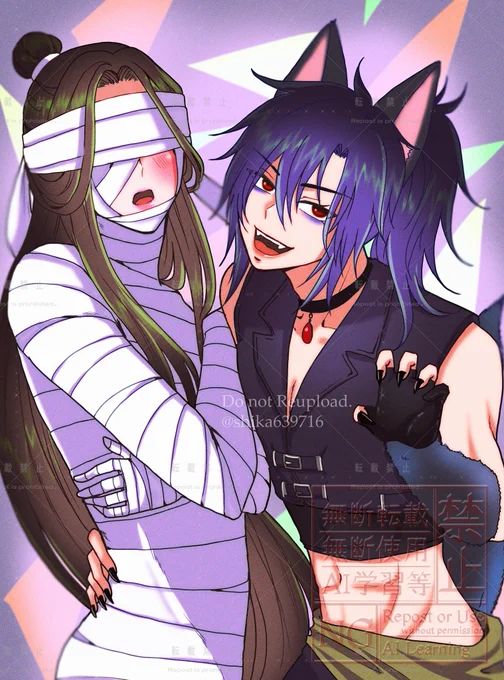自己満欲ばりハロウィン※タップ推奨魔道祖師 薛暁(狼男×ミイラ男)天官賜福 权引(ドラゴン×魔法使い)好きCP描いた、可愛い〜!#MDZS  #TGCF 